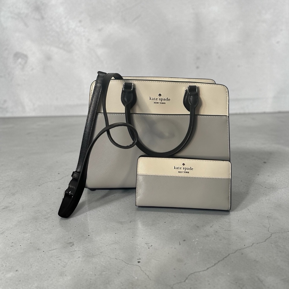 Kate Spade Madison Colorblock Medium Satchel & Wallet Set Platinum Grey Ivory